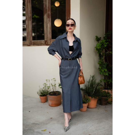 Women's business clothing sets Stripped Shirt with Balt and Straight Front split Skirt