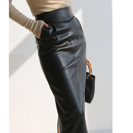 Midi Pu Leather Skirt High Waisted Pencil Side Slit Zipper