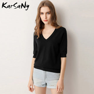 Women's Blouse Half Sleeve Knitted Pullovers V-neck