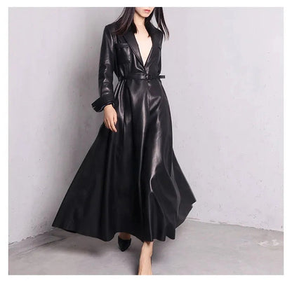 Trench Coat Maxi Pu Leather Elegant Overcoat Jacket