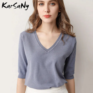 Women's Blouse Half Sleeve Knitted Pullovers V-neck