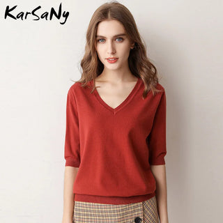 Women's Blouse Half Sleeve Knitted Pullovers V-neck