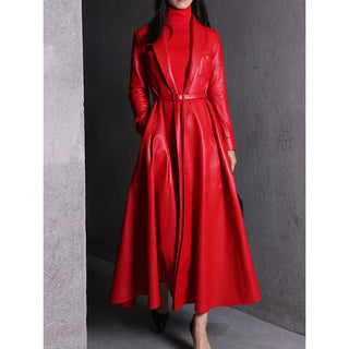 Women's Trench Coat Maxi Pu Leather Elegant Overcoat Jacket