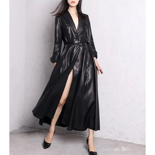 Trench Coat Maxi Pu Leather Elegant Overcoat Jacket