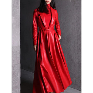 Women's Trench Coat Maxi Pu Leather Elegant Overcoat Jacket