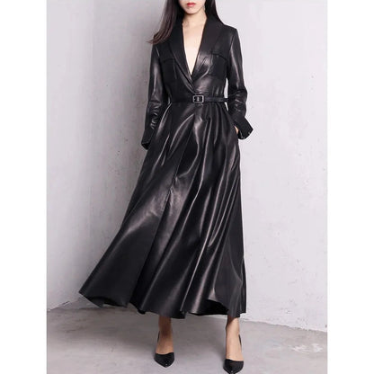 Trench Coat Maxi Pu Leather Elegant Overcoat Jacket