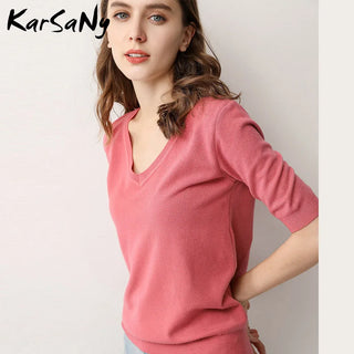 Women's Blouse Half Sleeve Knitted Pullovers V-neck