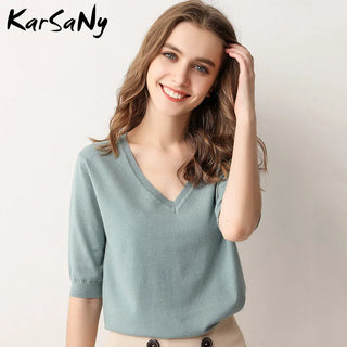 Women's Blouse Half Sleeve Knitted Pullovers V-neck