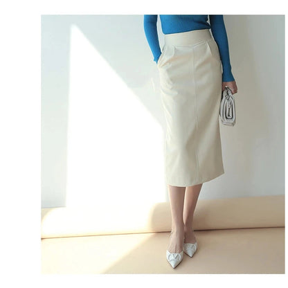 Midi Pu Leather Skirt High Waisted Pencil Side Slit Zipper