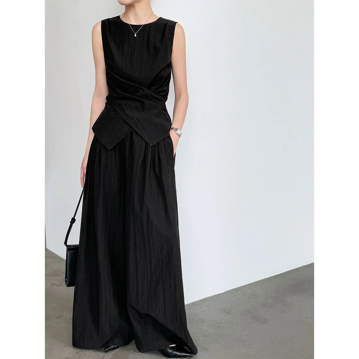 Women's Sleeveless Blouses Cotton blend With High Waist Wide Leg Pants Set