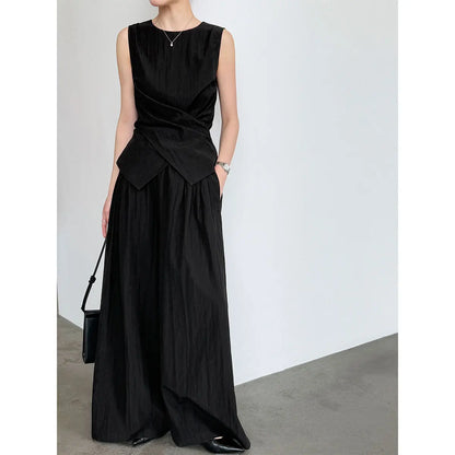 Women's Sleeveless Blouses Cotton blend With High Waist Wide Leg Pants Set
