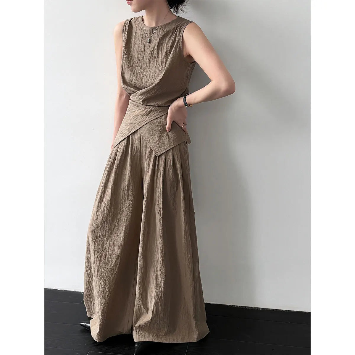 Women's Sleeveless Blouses Cotton blend With High Waist Wide Leg Pants Set