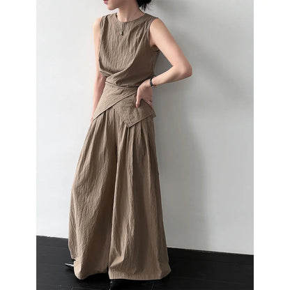 Women's Sleeveless Blouses Cotton blend With High Waist Wide Leg Pants Set