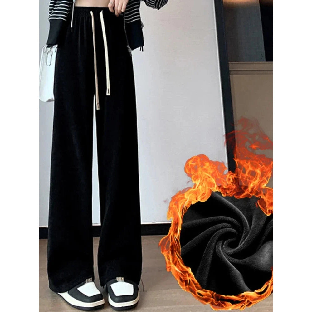 Women's High Waist Pants Straight Warm Loose Velvet Wide Leg