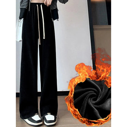 Women's High Waist Pants Straight Warm Loose Velvet Wide Leg