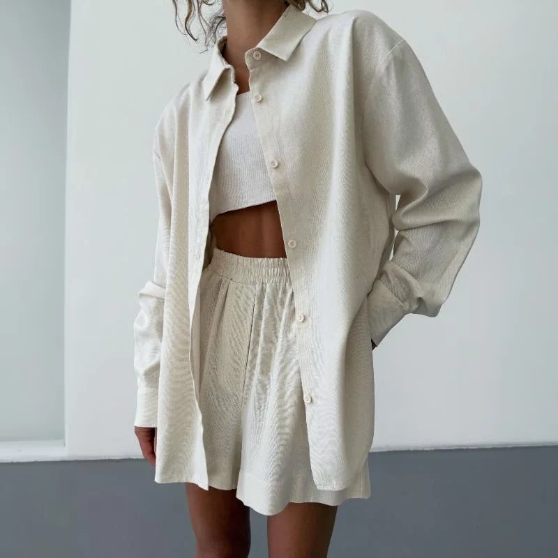 Minimalist Cotton 3 Piece Set Long sleeve shirt with cropped inner and Shorts