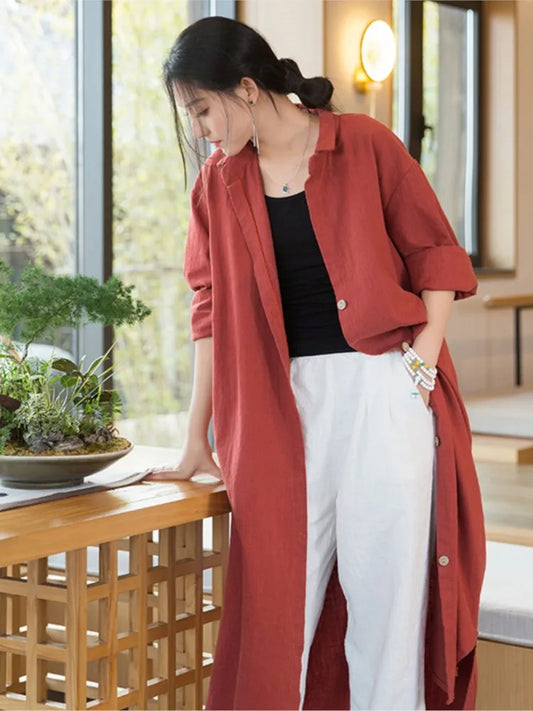 Model wearing relaxed natural cotton linen tunic shirt layered with linen pants