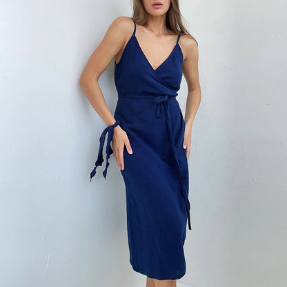 100% Cotton Muslin Women's Dress V-Neck Tie-Up Sexy Bandage