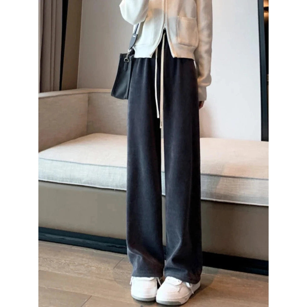 Women's High Waist Pants Straight Warm Loose Velvet Wide Leg