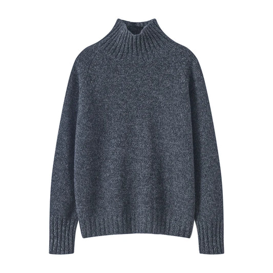 Women's oversized wool turtleneck sweater in subtle earth-tone tie-dye knit.