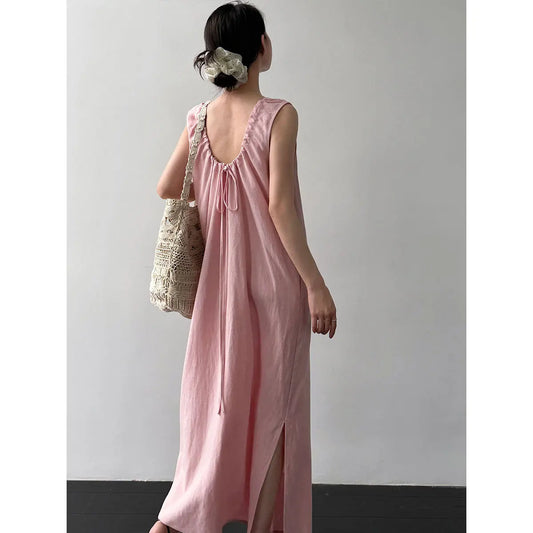Linen Blend Women Sleeveless Boho Maxi Dress