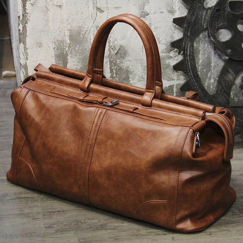 Front view of soft vegan leather casual tote bag in vintage saddle brown with top zipper closure