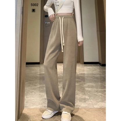 Women's High Waist Pants Straight Warm Loose Velvet Wide Leg