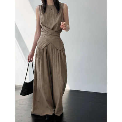 Women's Sleeveless Blouses Cotton blend With High Waist Wide Leg Pants Set