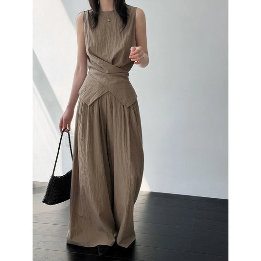 Women's Sleeveless Blouses Cotton blend With High Waist Wide Leg Pants Set