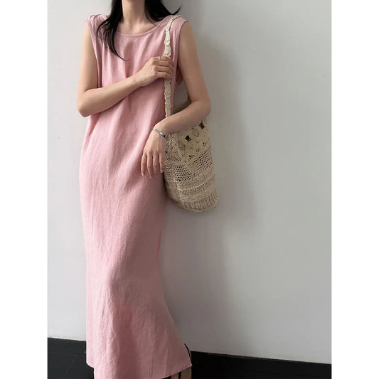 Linen Blend Women Sleeveless Boho Maxi Dress