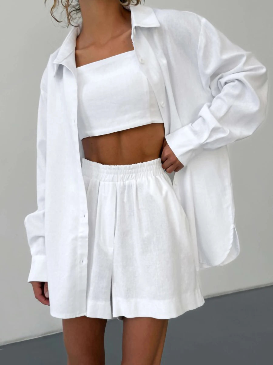 Minimalist Cotton 3 Piece Set Long sleeve shirt with cropped inner and Shorts