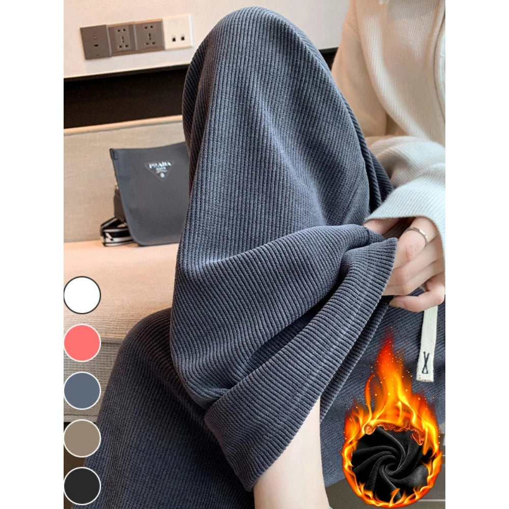 Women's High Waist Pants Straight Warm Loose Velvet Wide Leg