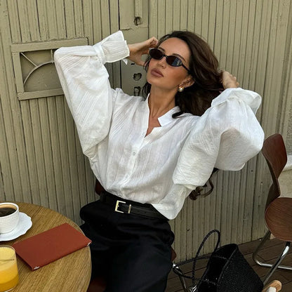 women's White Cotton Shirts Long Sleeve Oversize Blouse