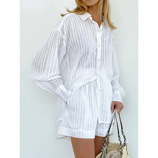 Women's 2 Pieces Set Striped Jacquard Lapel Lantern Shirt With Short