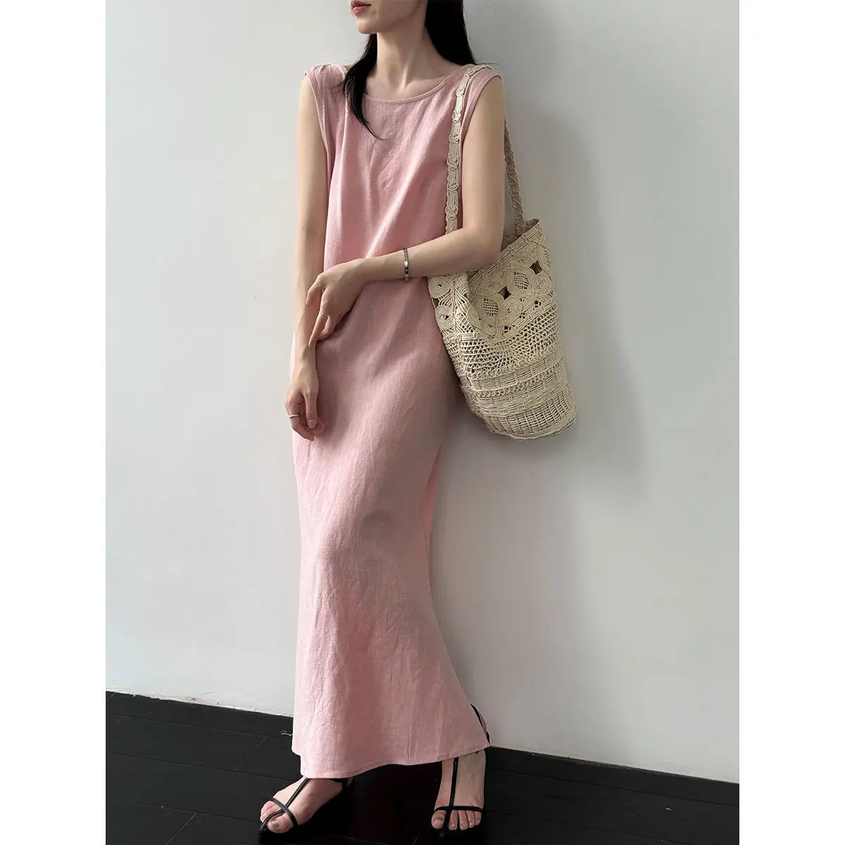 Linen Blend Women Sleeveless Boho Maxi Dress