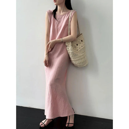 Linen Blend Women Sleeveless Boho Maxi Dress