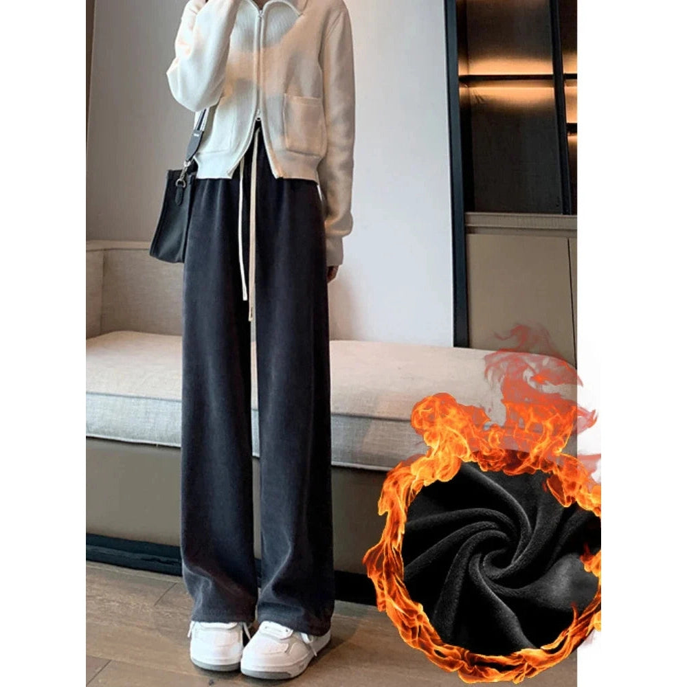 Women's High Waist Pants Straight Warm Loose Velvet Wide Leg