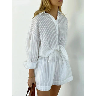 Women's 2 Pieces Set Striped Jacquard Lapel Lantern Shirt With Short