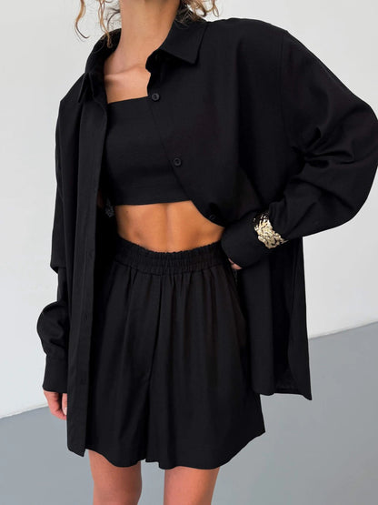 Minimalist Cotton 3 Piece Set Long sleeve shirt with cropped inner and Shorts
