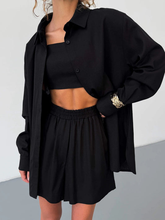 Minimalist Cotton 3 Piece Set Long sleeve shirt with cropped inner and Shorts
