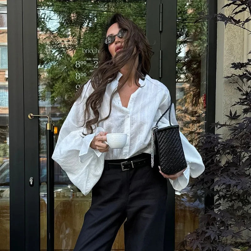 women's White Cotton Shirts Long Sleeve Oversize Blouse