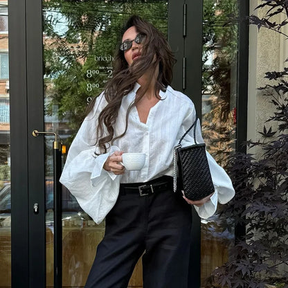 women's White Cotton Shirts Long Sleeve Oversize Blouse