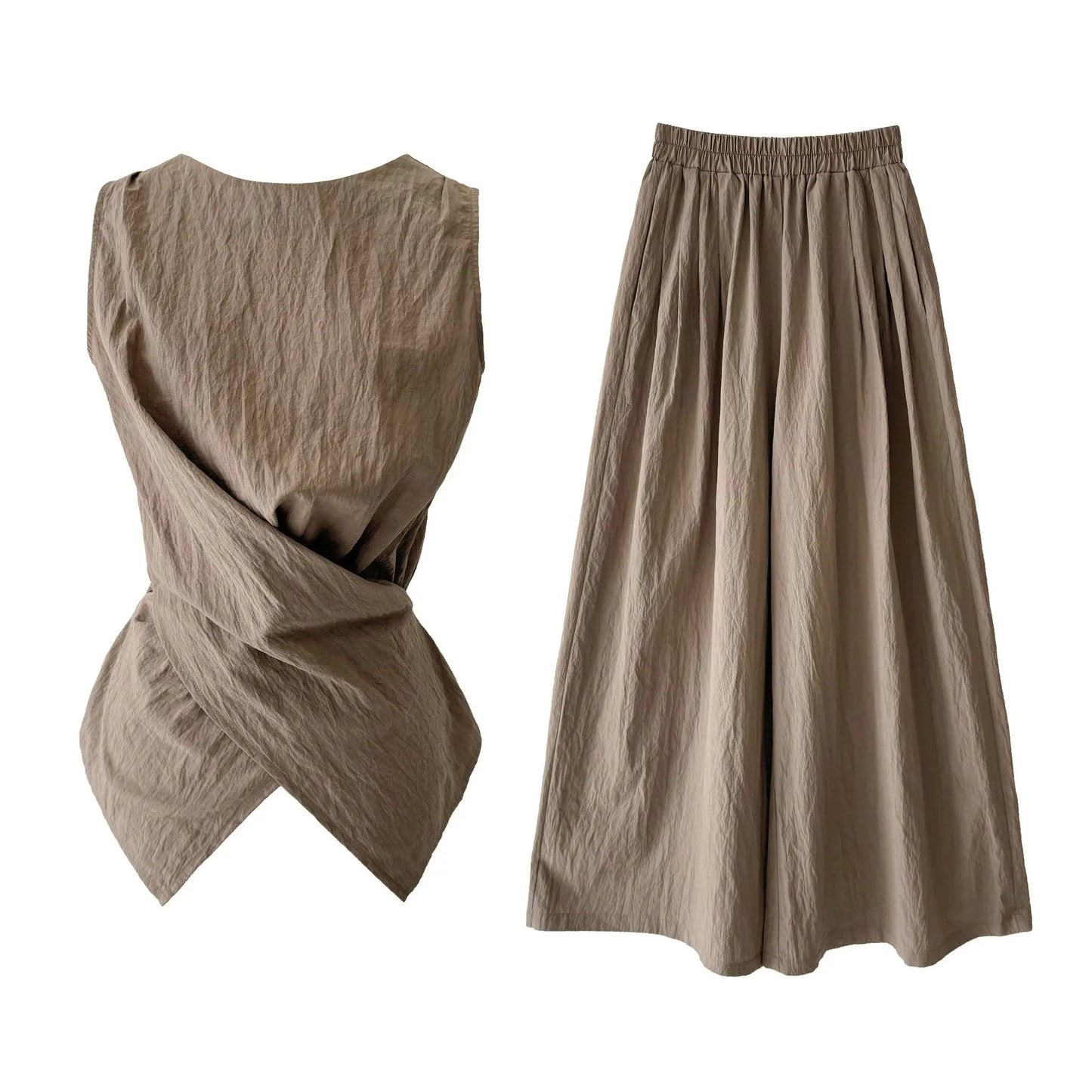 Women's Sleeveless Blouses Cotton blend With High Waist Wide Leg Pants Set