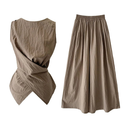 Women's Sleeveless Blouses Cotton blend With High Waist Wide Leg Pants Set