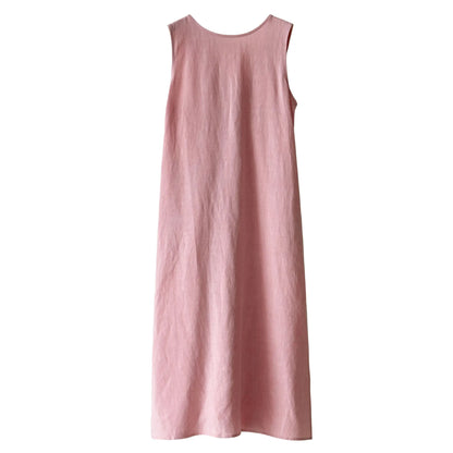 A sleeveless, midi-length pink dress with a relaxed, comfortable fit, shown against a plain white background.