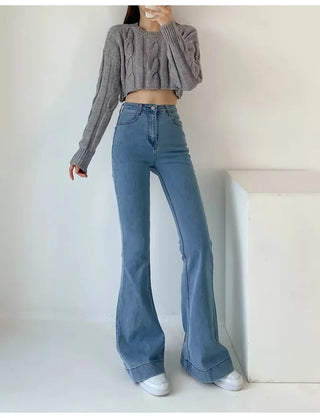 Women High Waist Denim Elastic Stretch Flare Jeans Pants