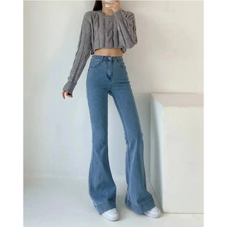 Women High Waist Denim Elastic Stretch Flare Jeans Pants