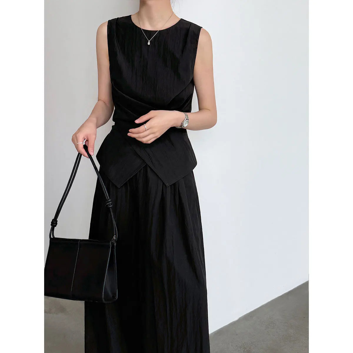 Women's Sleeveless Blouses Cotton blend With High Waist Wide Leg Pants Set