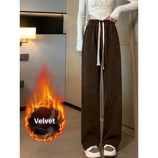 Women's High Waist Pants Straight Warm Loose Velvet Wide Leg