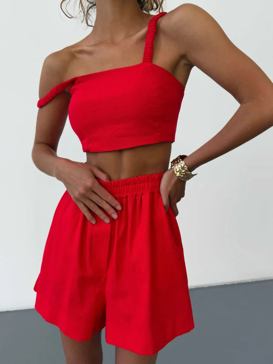 Minimalist Cotton 3 Piece Set Long sleeve shirt with cropped inner and Shorts